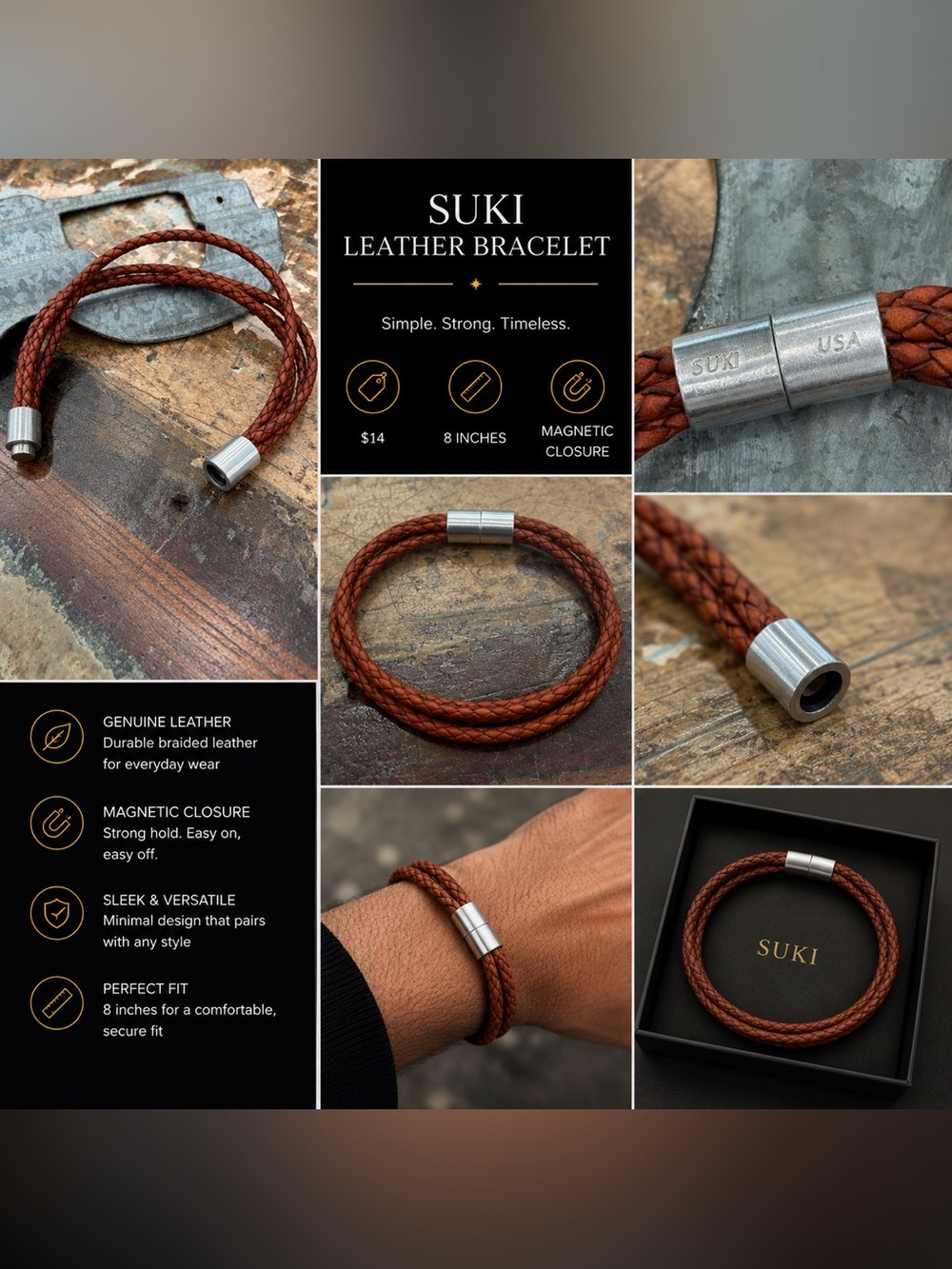 Suki Brown Braided Leather Bracelet with Silver Magnetic Closure